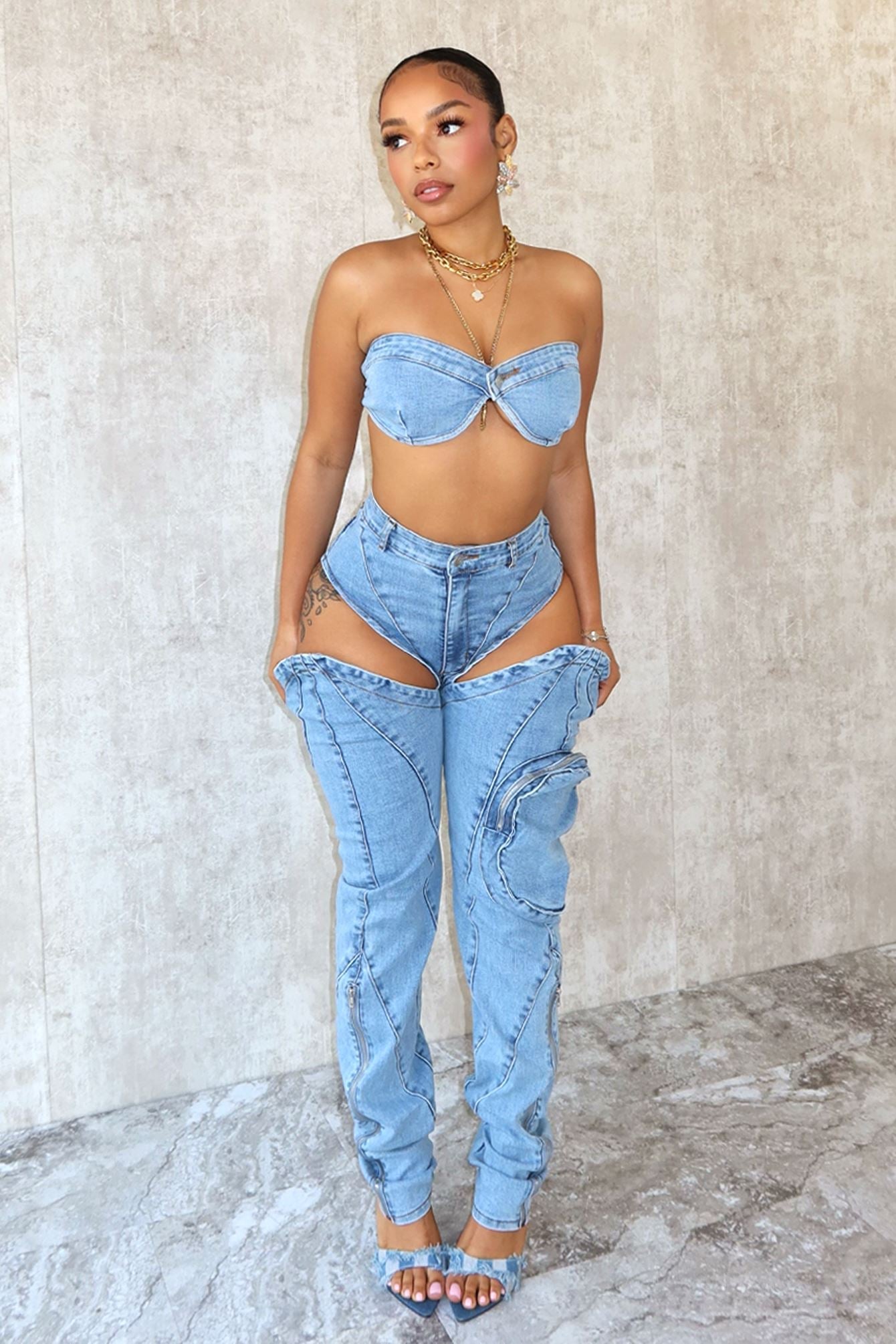 Velvsy Boss Babe Denim Tube Top & Cut Out Pants SET