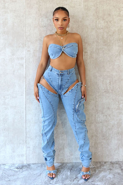 Velvsy Boss Babe Denim Tube Top & Cut Out Pants SET