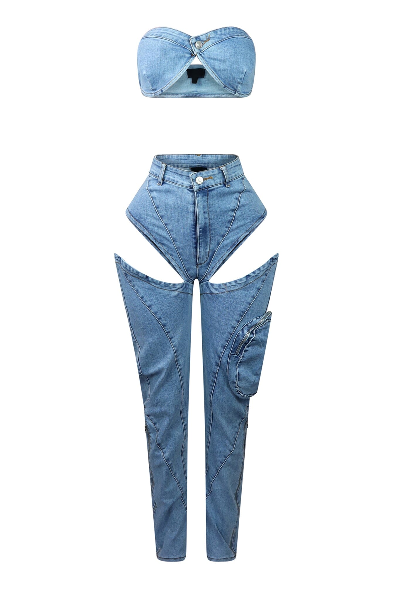 Velvsy Boss Babe Denim Tube Top & Cut Out Pants SET