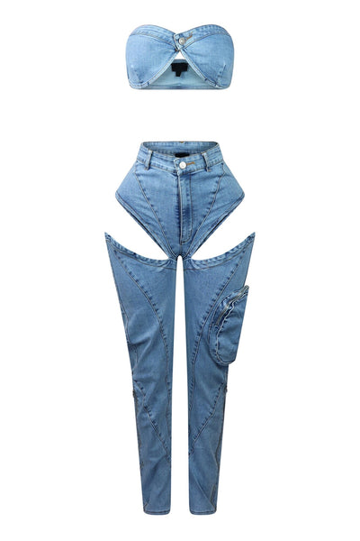 Velvsy Boss Babe Denim Tube Top & Cut Out Pants SET