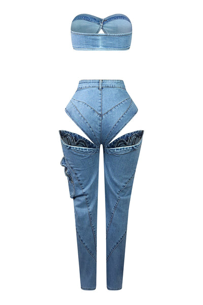Velvsy Boss Babe Denim Tube Top & Cut Out Pants SET